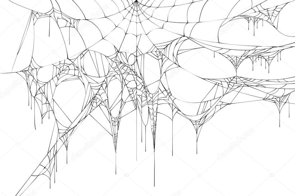 Black large torn spider web on white background