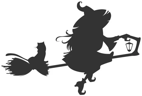Schwarze Silhouette einer Hexe, die auf dem Besen fliegt — Stockvektor
