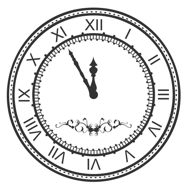 Quadrante orologio rotondo a cinque minuti a mezzanotte. Capodanno numeri romani — Vettoriale Stock
