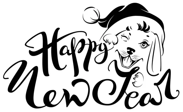 Feliz Ano Novo texto para cartão de saudação. Cabeça de cão em santa chapéu — Vetor de Stock