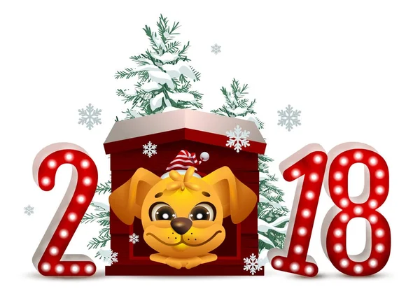 2018 anno del cane giallo nel calendario cinese. Cane del fumetto in cuccia guarda avanti e albero di pino di Natale — Vettoriale Stock