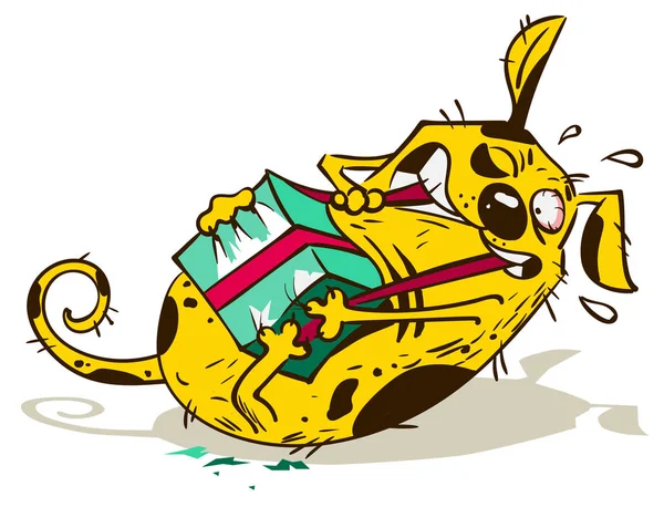 Fun yellow dog opens tear gift box — Stock Vector