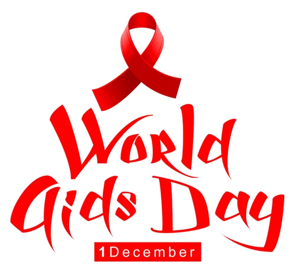 Red ribbon loop symbol World AIDS Day. Handwriting lettering calligraphy text — Stock Vector