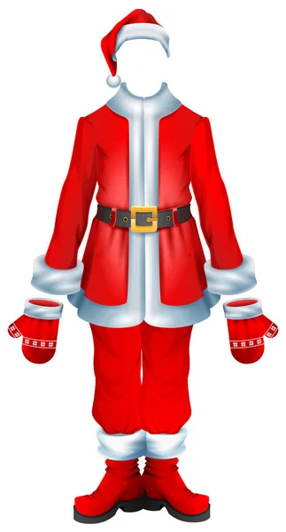 Bont jas santa accessoire traditionele kerst kleding. Hoed, pak, wanten, laarzen — Stockvector