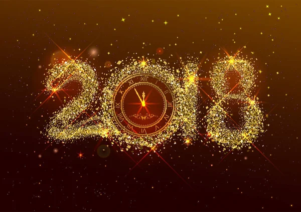 2018新年数字金黄五彩纸屑在黑暗的背景。时钟表盘与罗马数字显示午夜新年前夕 — 图库矢量图片