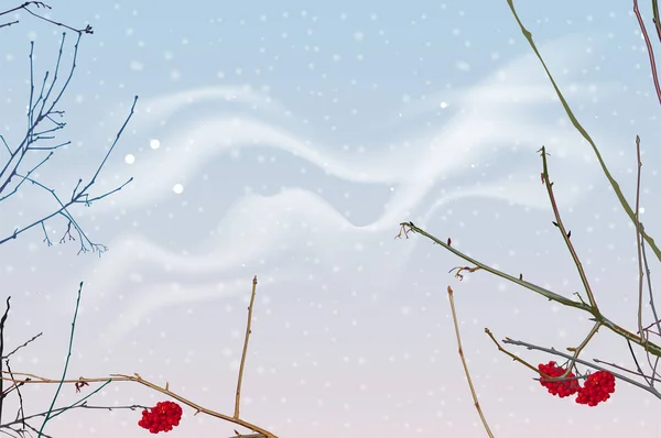 红色莓果和山灰的分支在冬天天空的背景。降雪冬季天空景观 — 图库矢量图片