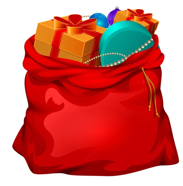 Bolso de santa rojo abierto con regalos. Accesorio de Navidad — Archivo Imágenes Vectoriales