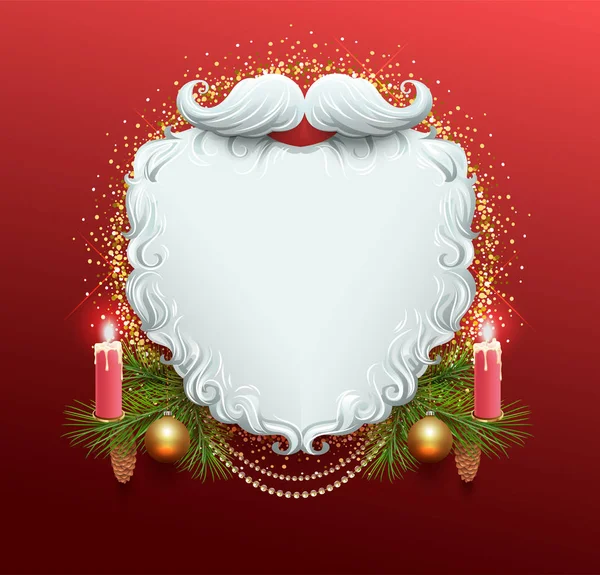 Barba blanca de Santa Claus. Tarjeta de felicitación de Navidad plantilla. Guirnalda rama de abeto, quemadura de vela, bola de Navidad de oro — Archivo Imágenes Vectoriales