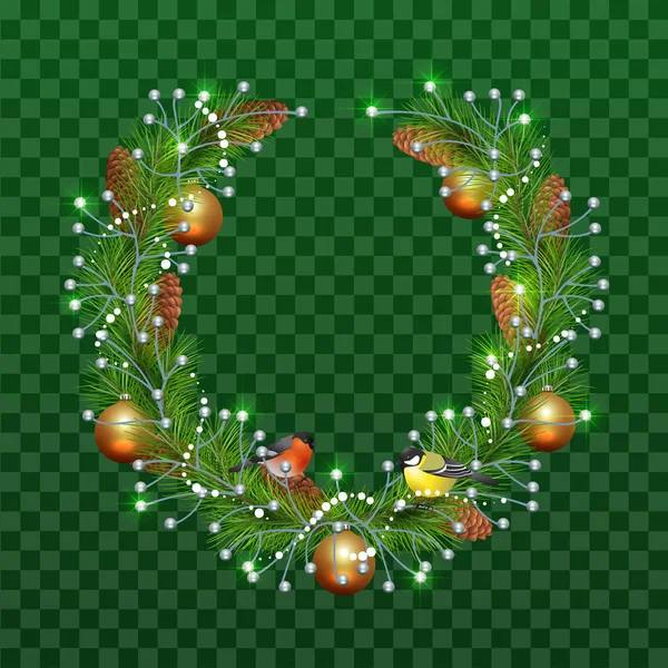 透明な緑の背景のモミの枝のクリスマス リース。休日デコレーション クリスマス ボール、松ぼっくり、ウソ、シジュウカラ — ストックベクタ