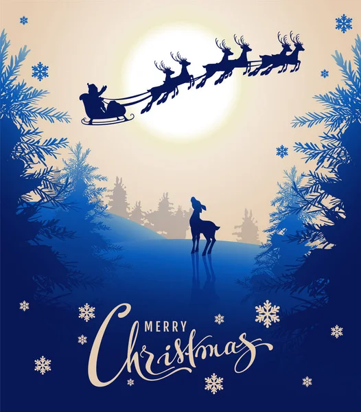 Merry Christmas card design tekst. Jonge herten opgezocht aan de Kerstman silhouet van rendieren in de nachtelijke hemel. Winter fairy forest — Stockvector