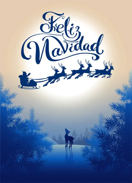 洛费里兹巴拉德纳维达翻译来自西班牙圣诞快乐。刻字书法文字为贺卡。夜空中驯鹿圣诞老人雪橇的剪影 — 图库矢量图片