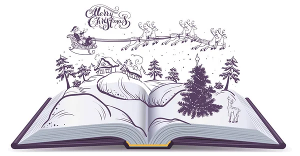 크리스마스에 대 한 오픈 책 이야기입니다. 산타와 사슴 겨울 숲 위의 하늘에 — 스톡 벡터