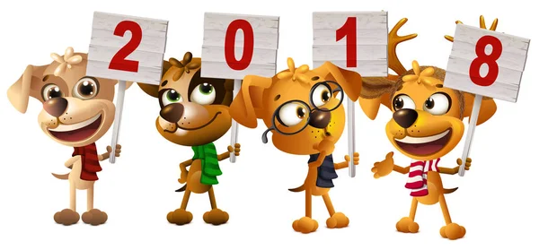 Sarı bir köpek yıl 2018 sembolü. Komik köpek yavrusu grup plaka tutar