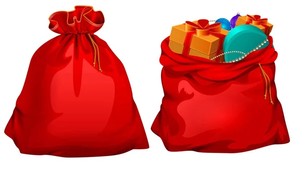 Regalo completo abierto y cerrado santa claus bolsa roja — Vector de stock