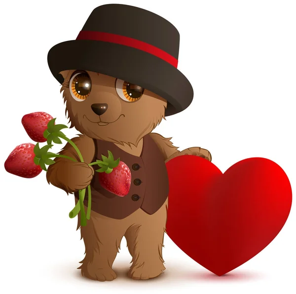 Joli ours brun dans le chapeau tient fraise et coeur rouge symbole de l'amour. Cadeau pour la Saint Valentin — Image vectorielle