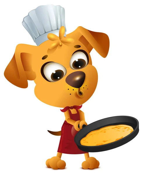 Gelber Hund kocht Pfannkuchen in Pfanne — Stockvektor