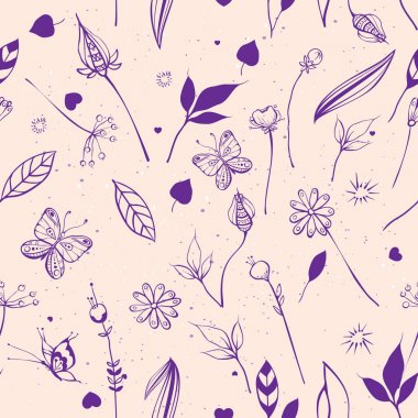 Yaz doğa çiçekler, yapraklar, çilek, kelebekler. Sorunsuz arka plan