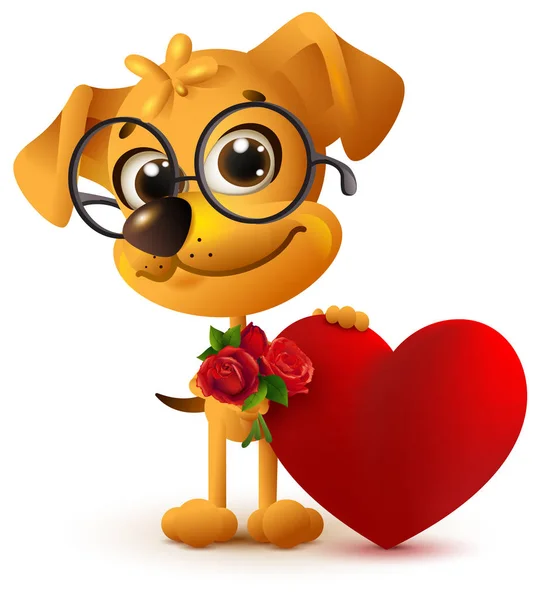 Divertido perro amarillo con ramo de rosa roja. Regalo de corazón rojo para el día de San Valentín — Vector de stock