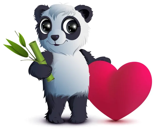 San Valentino. Orso panda tiene stelo di bambù e cuore rosso — Vettoriale Stock