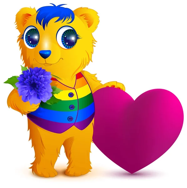 Orange bear in an rainbow vest holds flower and red heart. Valentines Day for LGBT community — Stock Vector