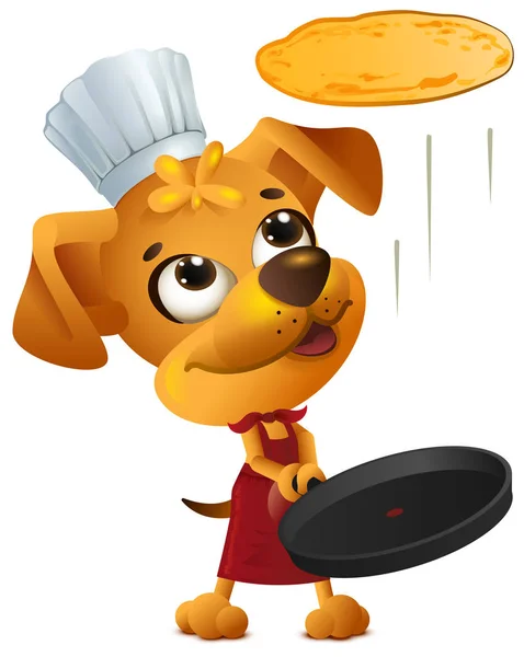 Leuke gele hond chef kok gooit pannenkoek — Stockvector
