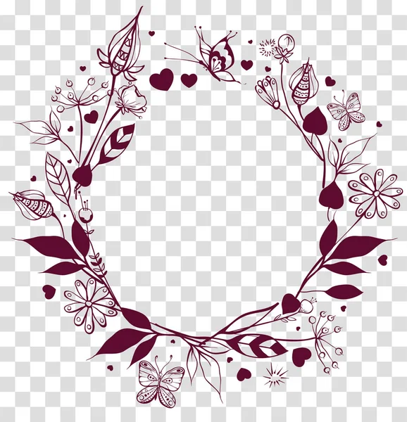 Round frame floral ornament on transparent background. Flowers and leaves, butterfly summer season — Stock Vector