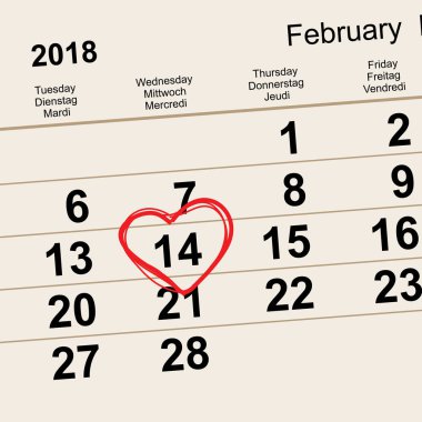Sevgililer günü 14 Şubat 2018 Aziz. Takvim anımsatıcı tarihi kalp şekli