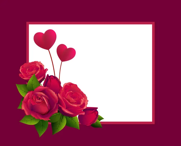 Bouquet de roses rouges et deux formes de coeur. Modèle de carte de voeux pour la Saint Valentin — Image vectorielle