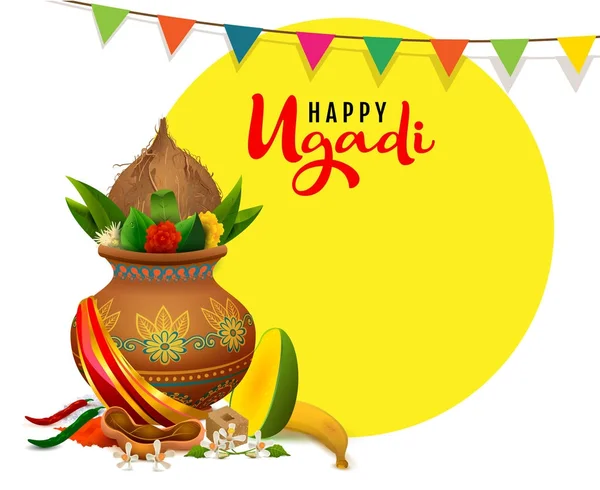 Feliz tarjeta de felicitación ugadi texto. Fiesta india comida tradicional en olla — Archivo Imágenes Vectoriales