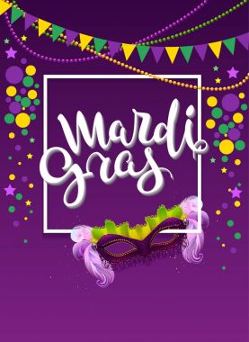 Mardi gras el yazısı metin tebrik kartı. Karnaval maske tüy ile
