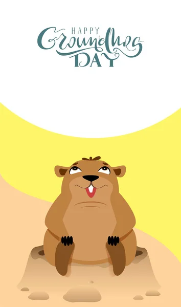 Glad Groundhog Day bokstäver text gratulationskort. Rolig murmeldjur sitter och ser upp — Stock vektor