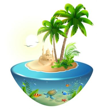 Cennet tropikal Adası Denizi. Palm, Kumdan kale ve deniz kaplumbağası. Yaz plaj tatil tatil
