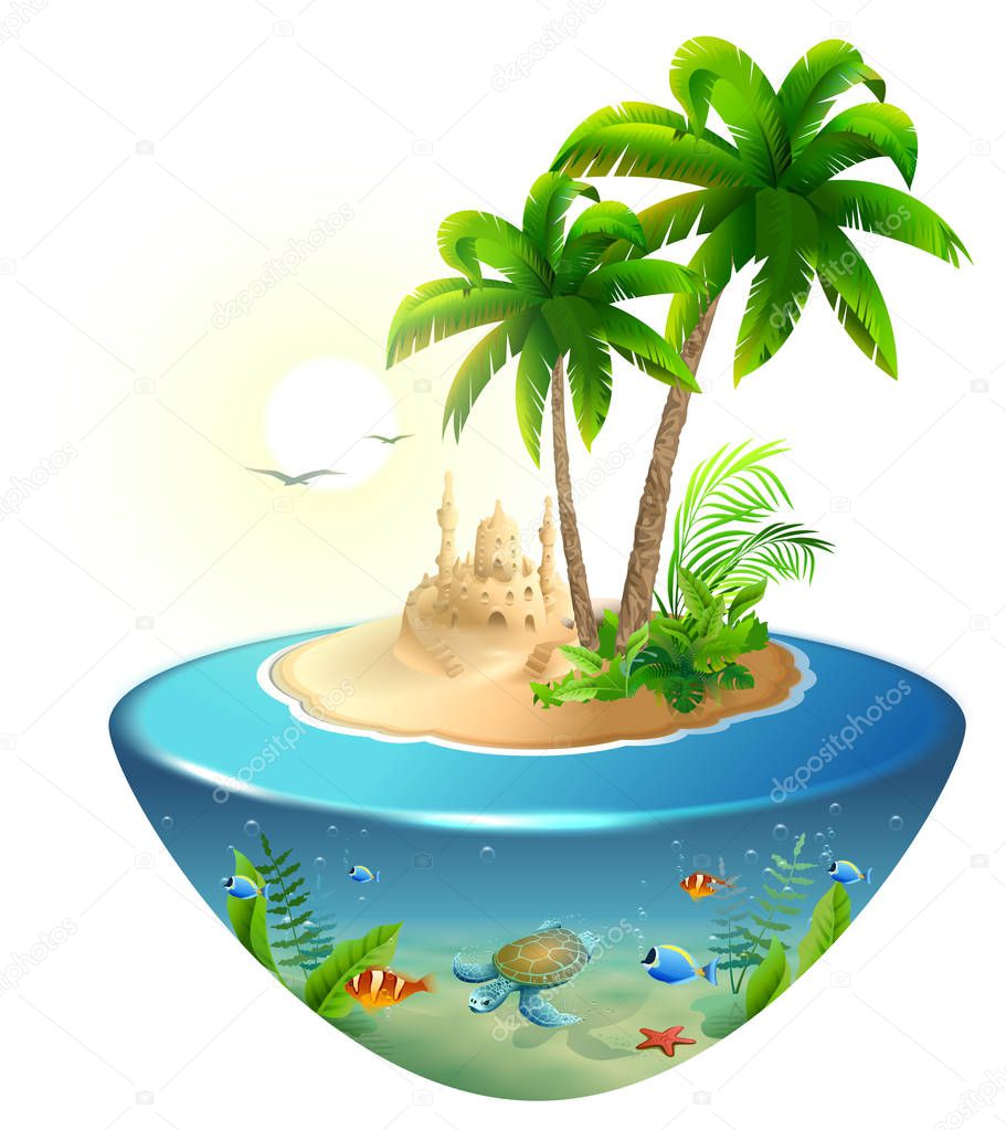 Paradise tropical island in sea. Palm, sand castle and sea turtle. Summer beach vacation holidays