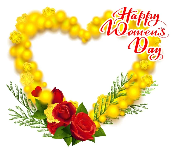 Feliz Día de la Mujer 8 de marzo texto. Mimosa amarilla y corona de rosas rojas tarjeta de felicitación en forma de corazón — Vector de stock