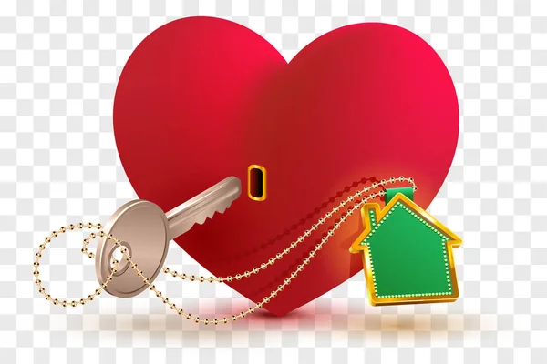 House is key to heart of your beloved. Red heart shape lock and key with key ring home — Stock Vector