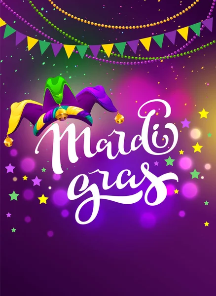 Banner a karnevál mardi gras. Lobogója füzér, a kézzel írt szöveg és a bohóc sapka jelképe masquerade — Stock Vector
