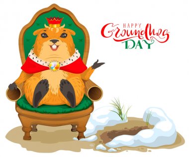 Mutlu gün groundhog tebrik kartı. Tahta sandalyede oturan bir sıçan Kral