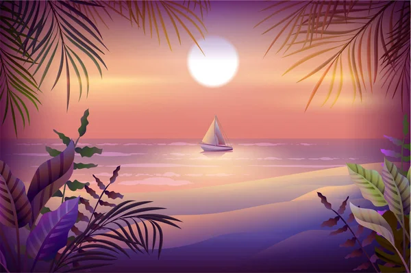 Paisaje nocturno de isla tropical. Palmeras, playa, mar y velero — Archivo Imágenes Vectoriales