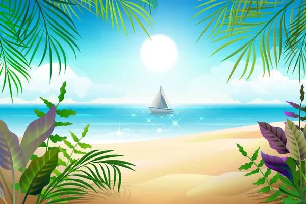 Paradise tropisch strand landschap. Kustlijn, palmbladeren, blauwe zee en hemel — Stockvector
