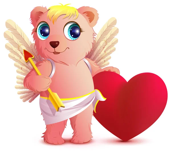 Ángel oso rosa con alas sostiene el corazón y la flecha. Postal San Valentín — Vector de stock