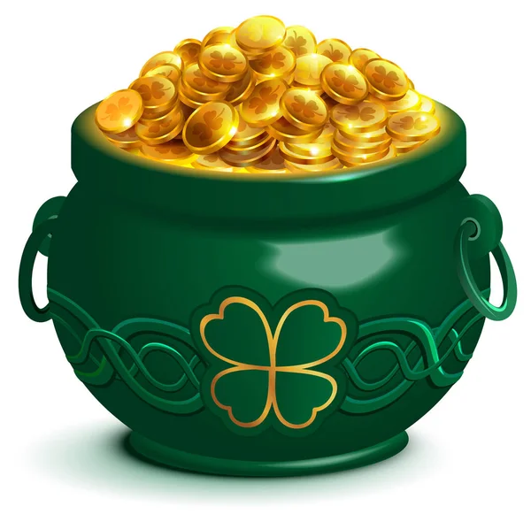 Pot plein vert avec des pièces d'or. Pot avec trèfle à quatre feuilles symbole de Patricks Day — Image vectorielle
