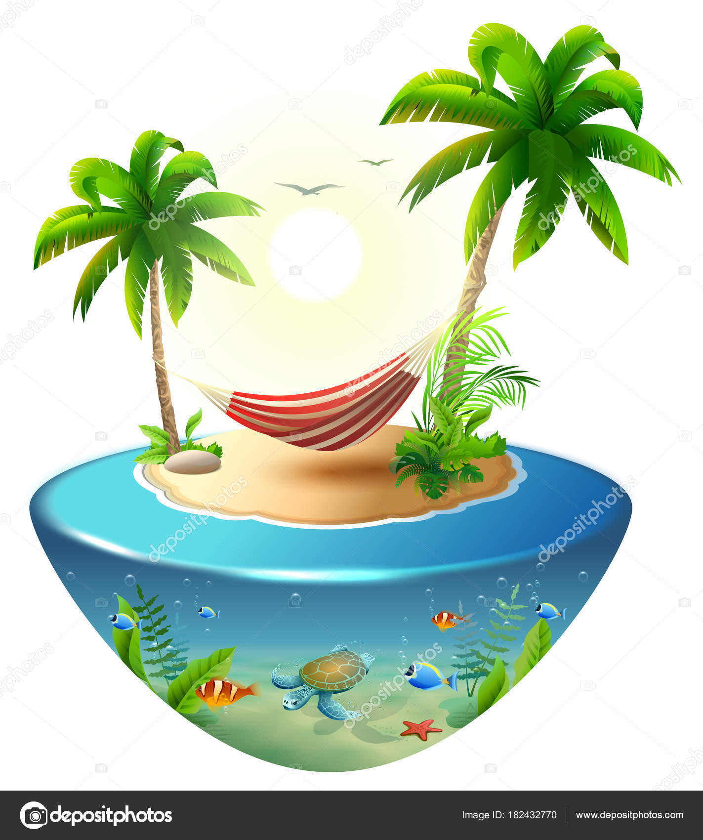 Striped hammock between palm trees on tropical island. Paradise beach  vacation in Hawaii Stock Vector by ©orensila 182432770, image size:1423x1700