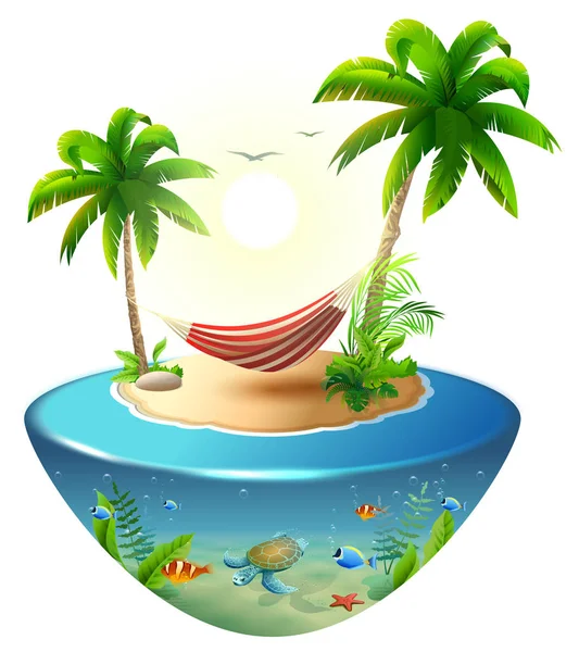 Hamac rayé entre les palmiers sur l'île tropicale. Paradis vacances à la plage à Hawaï — Image vectorielle