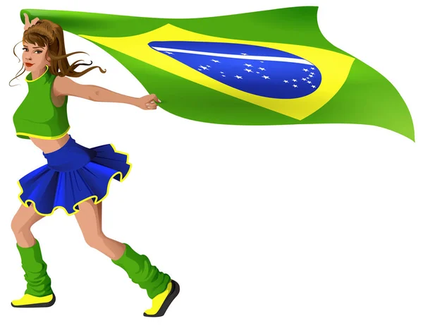 Mulher fã cheerleader está carregando bandeira do Brasil — Vetor de Stock