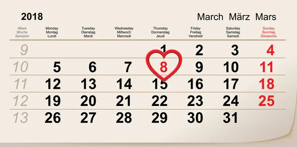 8 de marzo de 2018 Día Internacional de la Mujer. Corazón rojo símbolo amor calendario recordatorio — Vector de stock