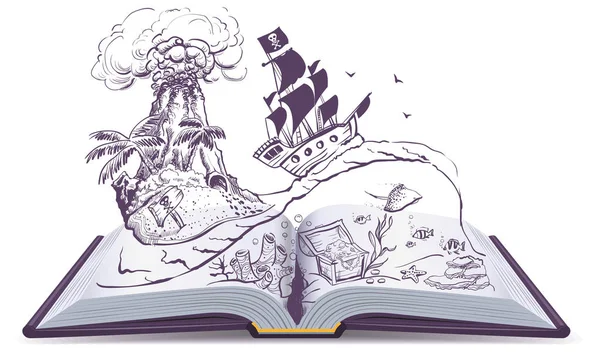 Libro abierto sobre piratas y tesoros. Barco velero pirata nada en las olas. Isla del Tesoro — Archivo Imágenes Vectoriales