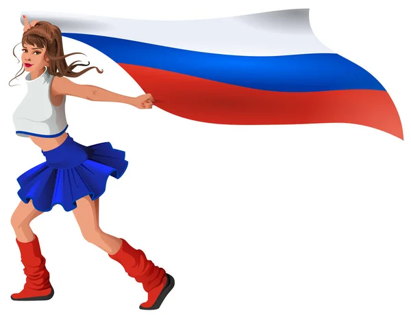 Mulher russa fã segurando bandeira. Menina bonita cheerleader —  Vetores de Stock
