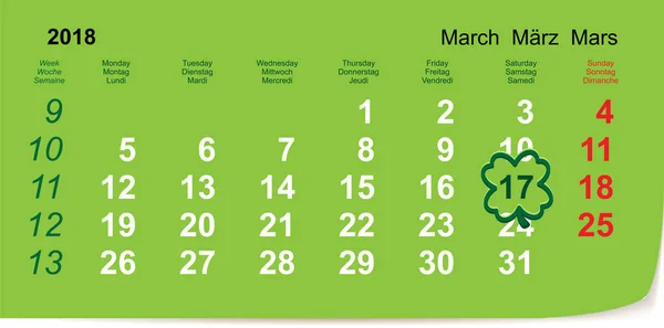 March 17, 2018 St. Patrick's Day Calendar — Stock Vector