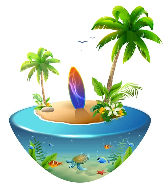 Planche de surf sur île tropicale. Plage paradisiaque de palmiers, mer, soleil et sable — Image vectorielle