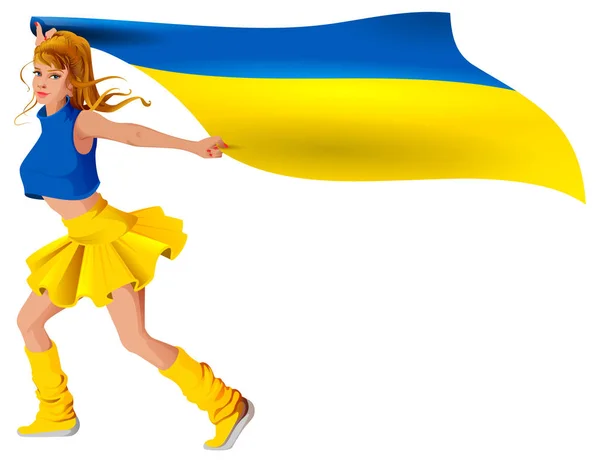 Chica ucraniana deporte ventilador sosteniendo bandera. Fútbol gol ganar — Archivo Imágenes Vectoriales